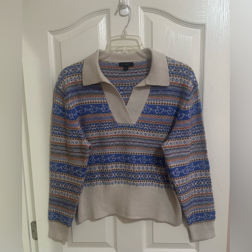 Women’s J.Crew Fair Isle Lambswool Blend Print Beige Collared Preppy Sweater‎ L. - Picture 3 of 8